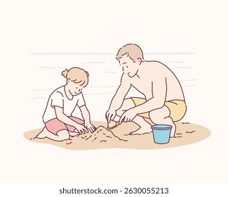 Father and Daughter Playing in the Sand at the Beach. Hand drawn style vector design illustrations.