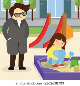 Father and daughter playing in the sandbox on the playground vector illustration.