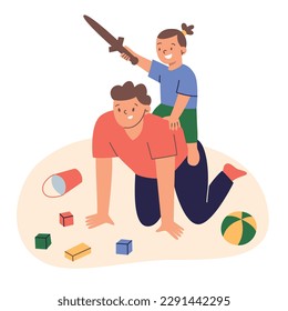 Father and daughter playing together, child riding on parent’s back, toddler having fun, parenting hand drawn composition, vector illustrations of knight game with wooden sword, doodle icons of toys