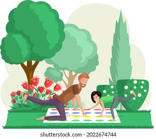 Father and daughter playing twister game. Man and woman happy family in everyday life at park. Young couple playing twister at floor, people spend time together, playing outdoor game, have fun