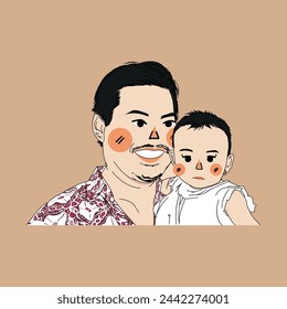 Father and Daughter Portrait Illustration, Father's day. Portrait Father and Son with Batik and White Dress Vector