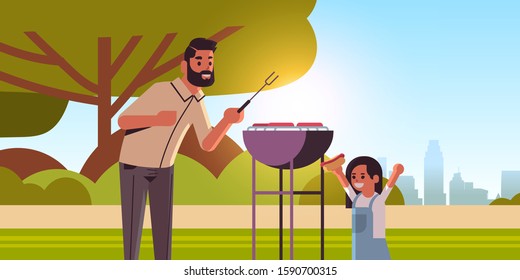 father and daughter preparing hot dogs on grill happy family having fun picnic barbecue party concept summer park landscape background flat portrait horizontal vector illustration