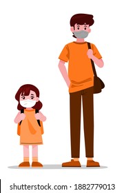 Father and daughter put on a mass to prevent the coronavirus, go to school and go to work.