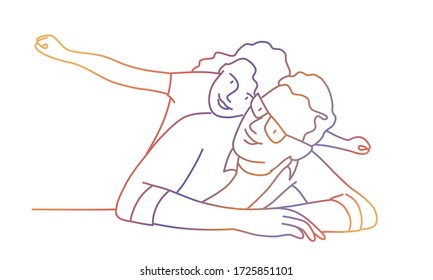 Father and daughter  Rainbow colors in linear vector illustration 