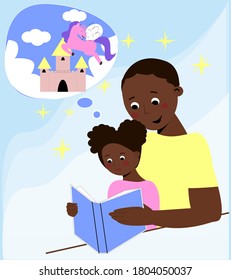 Father and daughter reading a book. Girl presents a fairy tale from a book. Development of children's fantasy. Vector family characters in flat style. 