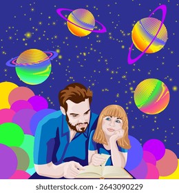 Father and daughter reading book. Magical starry sky with colorful planets. International Book Lovers Day. Banner. Isolated vector illustration.