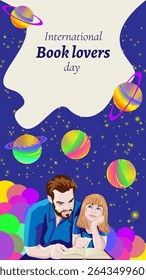 Pai e filha lendo livro. Céu mágico estrelado com planetas coloridos. Dia Internacional dos Amantes do Livro. Modelo vertical. Ilustração vetorial.