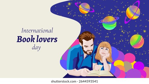 Pai e filha lendo livro. Céu mágico estrelado com planetas coloridos. Dia Internacional dos Amantes do Livro. Modelo horizontal. Ilustração vetorial.