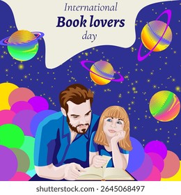 Pai e filha lendo livro. Céu mágico estrelado com planetas coloridos. Dia Internacional dos Amantes do Livro. Modelo quadrado. Ilustração vetorial.
