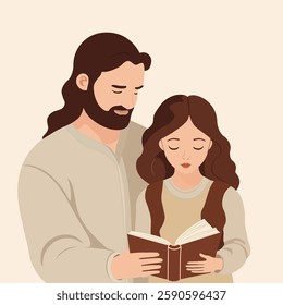 Father and daughter reading a book. Vector illustration in pastel colors.