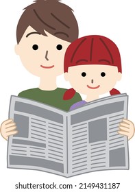 The father and daughter reading horizontal newspapers (English newspapers, etc.) together
