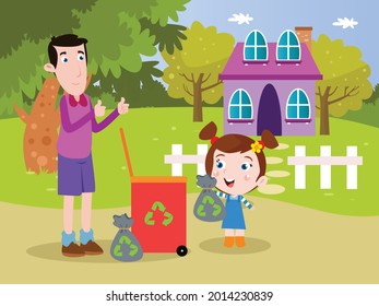 Father and daughter with recycle rubbish cartoon 2d vector concept for banner, website, illustration, landing page, flyer, etc.