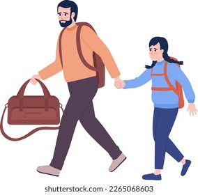 Refugiados de padre e hija con pertenencias de tipo vector de color semiplano. Cifras editables. Gente de cuerpo entero en blanco. Ilustración puntual simple de estilo de dibujos animados para diseño gráfico web y animación