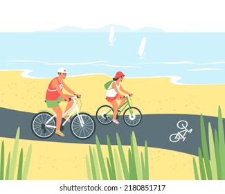 Father And Daughter Ride Bicycles Along The Bike Path. Family Bike Ride Next To The Sea. Summer Time Of The Year. Flat Vector Illustration.