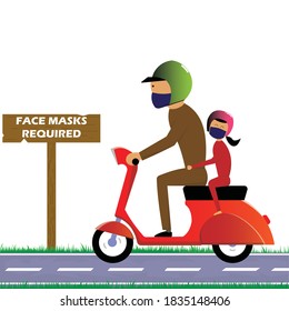 father and daughter ride scooters wearing face masks and helmets face mask required