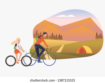 Father and daughter riding bicycles, landscape with tent. Holiday, tourism, summer concept. Vector illustration can be used for topics like leisure, family, nature