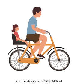 Father and daughter riding a bike together vector illustration isolated on white background