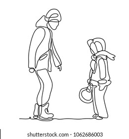 Father and daughter. Riding a ice skate. Continuous line drawing. Isolated on the white background. 