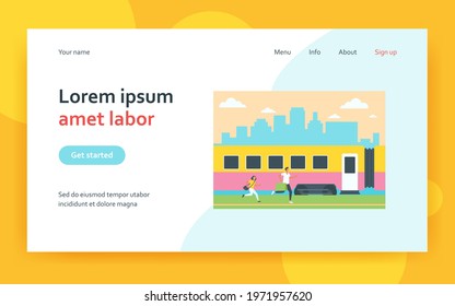 Father and daughter running to train with bags. Wagon, travel, hurry flat vector illustration. Transportation and railway concept for banner, website design or landing web page