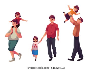 Father and daughter, set of cartoon vector illustrations isolated on white background. Dad carrying little daughter on shoulders, throwing her into air and walking together holding hands