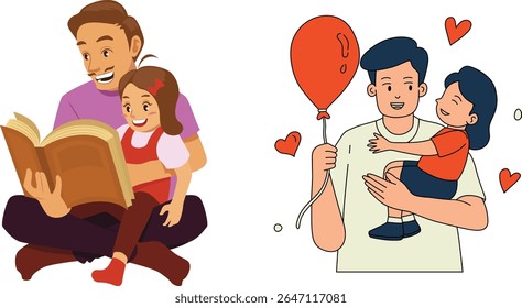 A father and daughter share joyful moments, reading a book together and then embracing with a balloon and hearts, symbolizing love and family bonding.