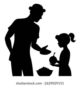 Father and Daughter Sharing Fruit and Food Silhouette