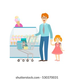 Father And Daughter Shopping For Sweets, Shopping Mall And Department Store Section Illustration