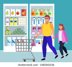 Father And Daughter Shopping Together. Dad And Girl With Empty Cart Looking At Juice And Meal At Fridge. Products Assortment In Supermarket. Soap In Plastic Bottle On Shelf. Vector In Flat Style