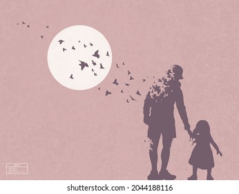 Father and daughter silhouette. Death and afterlife. Flying birds