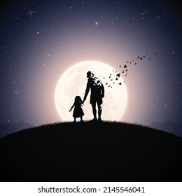 Father and daughter silhouette. Death and afterlife. Full moon night