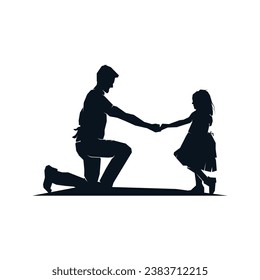 Father with daughter silhouette. Happy family, dad and cute little girl holding hands. Vector clip art illustration