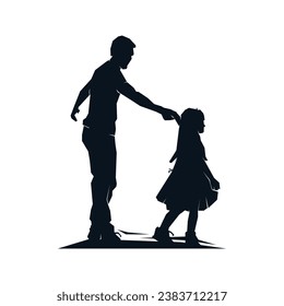 Father with daughter silhouette. Happy family, dad and cute little girl holding hands. Vector clip art illustration