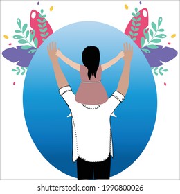 Father with daughter silhouette plus abstract Happy father's day. Digital art painting. Vector illustration
