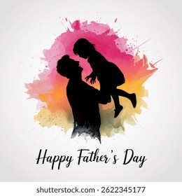 Father with daughter silhouette plus abstract watercolor painted. Happy father`s day. Digital art painting. Vector illustration on white background.