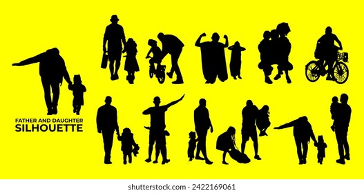 Father and daughter silhouette vector, suitable for various designs related to family, relationship, happiness, childhood, fathers day,  togetherness, parenthood, childhood memory or holiday themes.