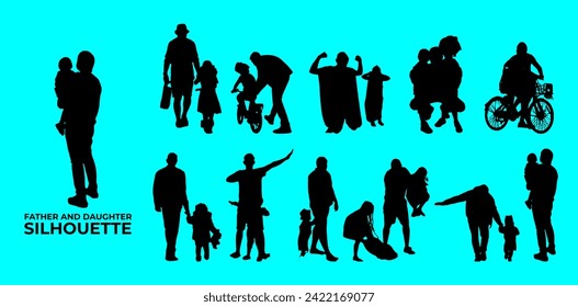 Father and daughter silhouette vector, suitable for various designs related to family, relationship, happiness, childhood, fathers day,  togetherness, parenthood, childhood memory or holiday themes.