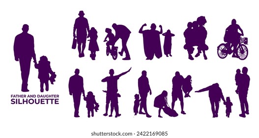 Father and daughter silhouette vector, suitable for various designs related to family, relationship, happiness, childhood, fathers day,  togetherness, parenthood, childhood memory or holiday themes.