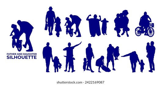 Father and daughter silhouette vector, suitable for various designs related to family, relationship, happiness, childhood, fathers day,  togetherness, parenthood, childhood memory or holiday themes.