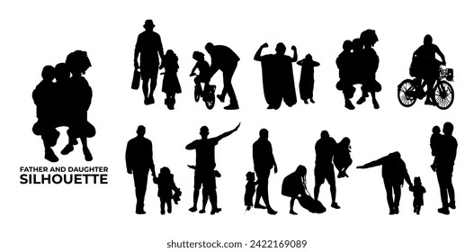 Father and daughter silhouette vector, suitable for various designs related to family, relationship, happiness, childhood, fathers day,  togetherness, parenthood, childhood memory or holiday themes.