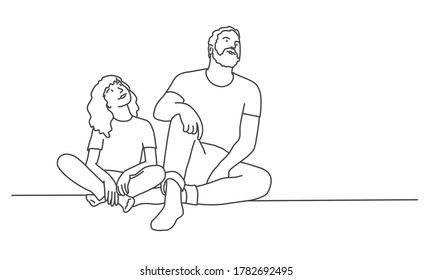 Father and daughter sit on the floor and look up. Line drawing vector illustration.