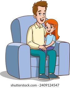 Father and daughter sitting in armchair. Vector illustration of a cartoon family.