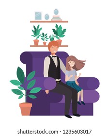 father and daughter sitting in couch avatar character