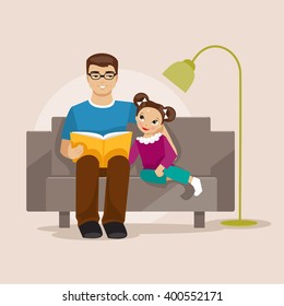 Father and daughter sitting on the couch and read a book. Pope Day