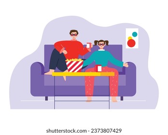 Father and daughter sitting on the sofa wearing glasses watching a movie together, with popcorn and drinks on the table. Character design. Vector flat illustration