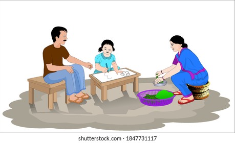 Father and daughter are sitting together drawing pictures while mother is sitting next to them cutting vegetables - illustration