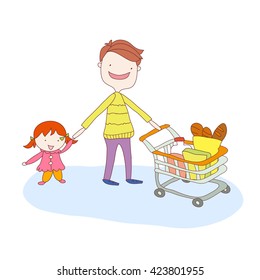 Father with daughter in a sling pushing supermarket shopping cart full of groceries. Flat style vector illustration isolated on white background.