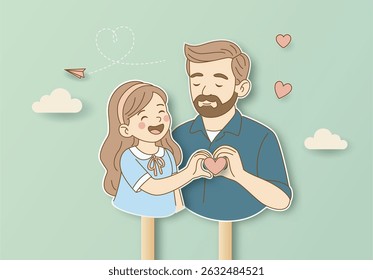 Father and daughter smiling and making heart shape with hands, paper cut style illustration showing love, bonding and happiness. Perfect for Father’s Day, family education, and parenting content.