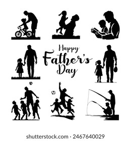 Father and Daughter or Father and Son Black Silhouettes Vector illustration. Happy Father's Day concept. Silhouette set of father and children