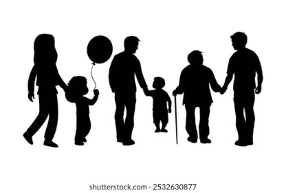 Father and Daughter or Father and Son Black Silhouettes Vector illustration. Happy Father's Day concept. Silhouette set of father and children