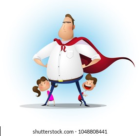 Father daughter and son playing superhero at the day time. Father is a hero for his children. Concept of friendly family and father's day. Cartoon vector illustration.